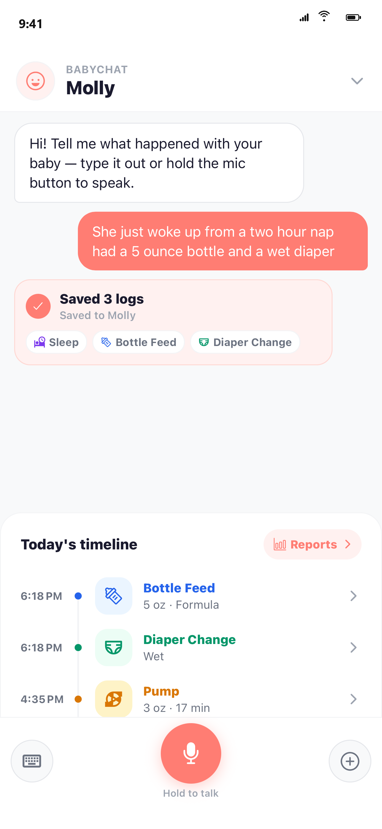 BabyChat organizing a natural-language update into sleep, bottle and diaper logs