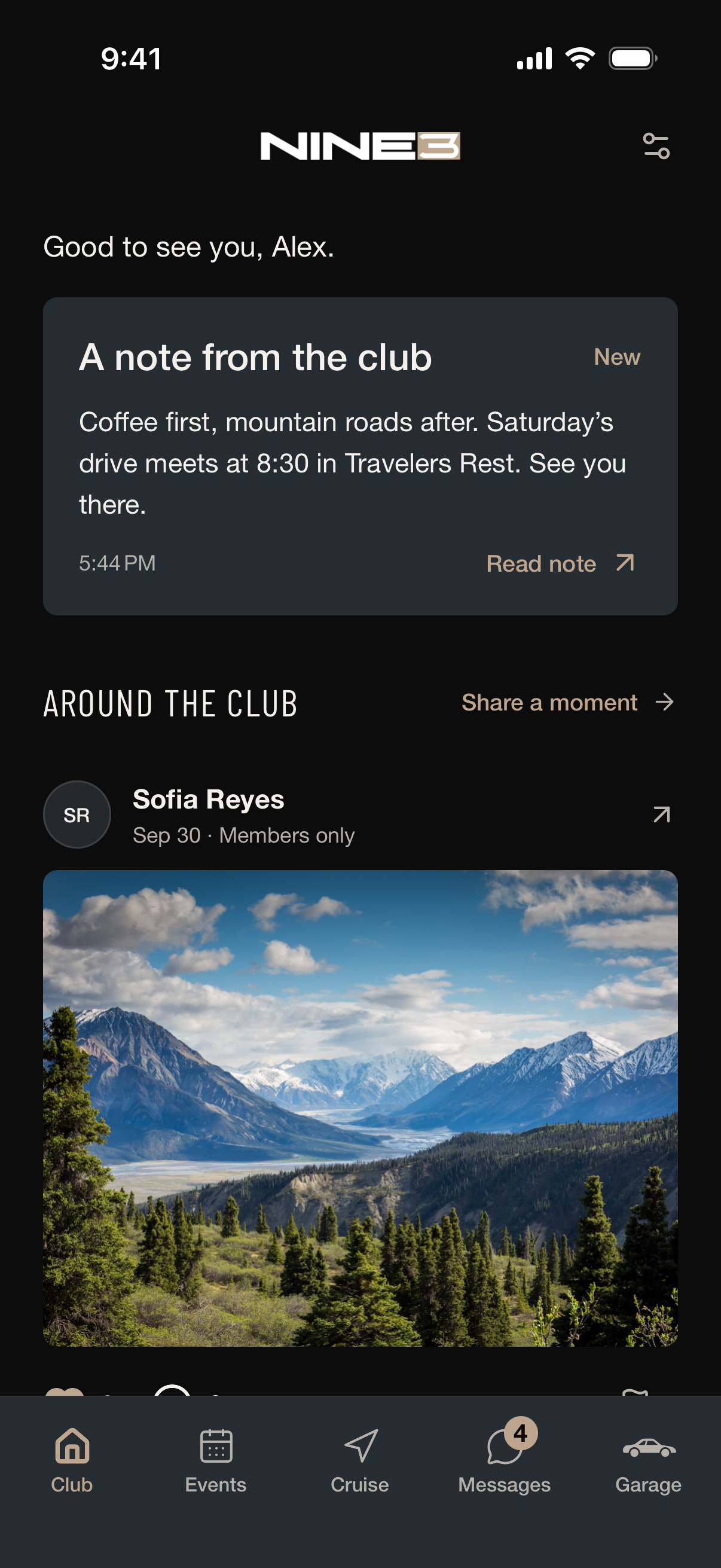 NINE3 club home showing a club note and mountain photo with fictional demo content